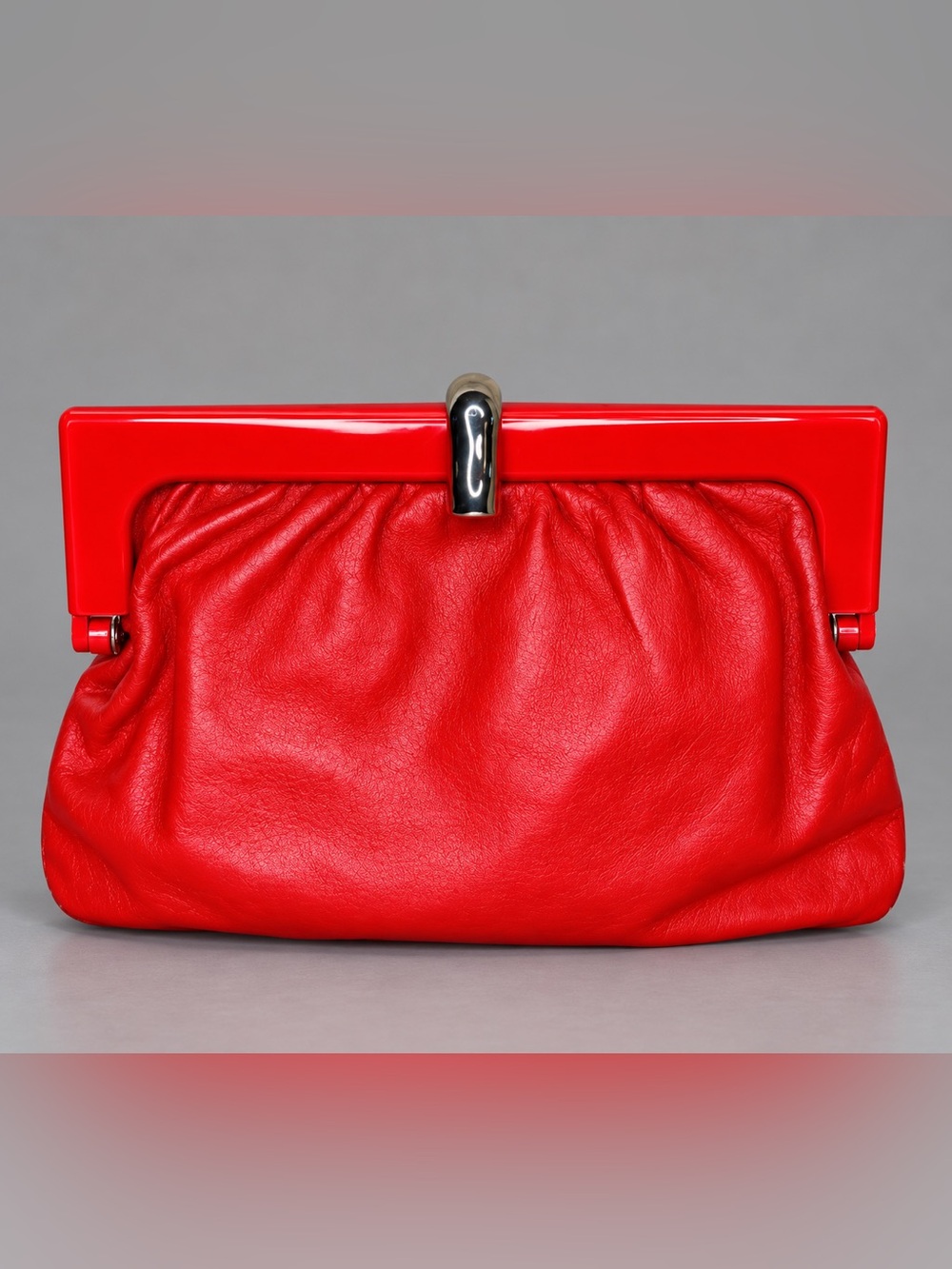 Vintage Made in Italy Red Leather Clutch Purse Lucite Frame Retro Handbag